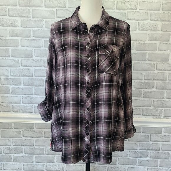 Tolani Collection Mixed Print Tunic Top Button Front Plaid Floral S Artsy - Picture 2 of 7